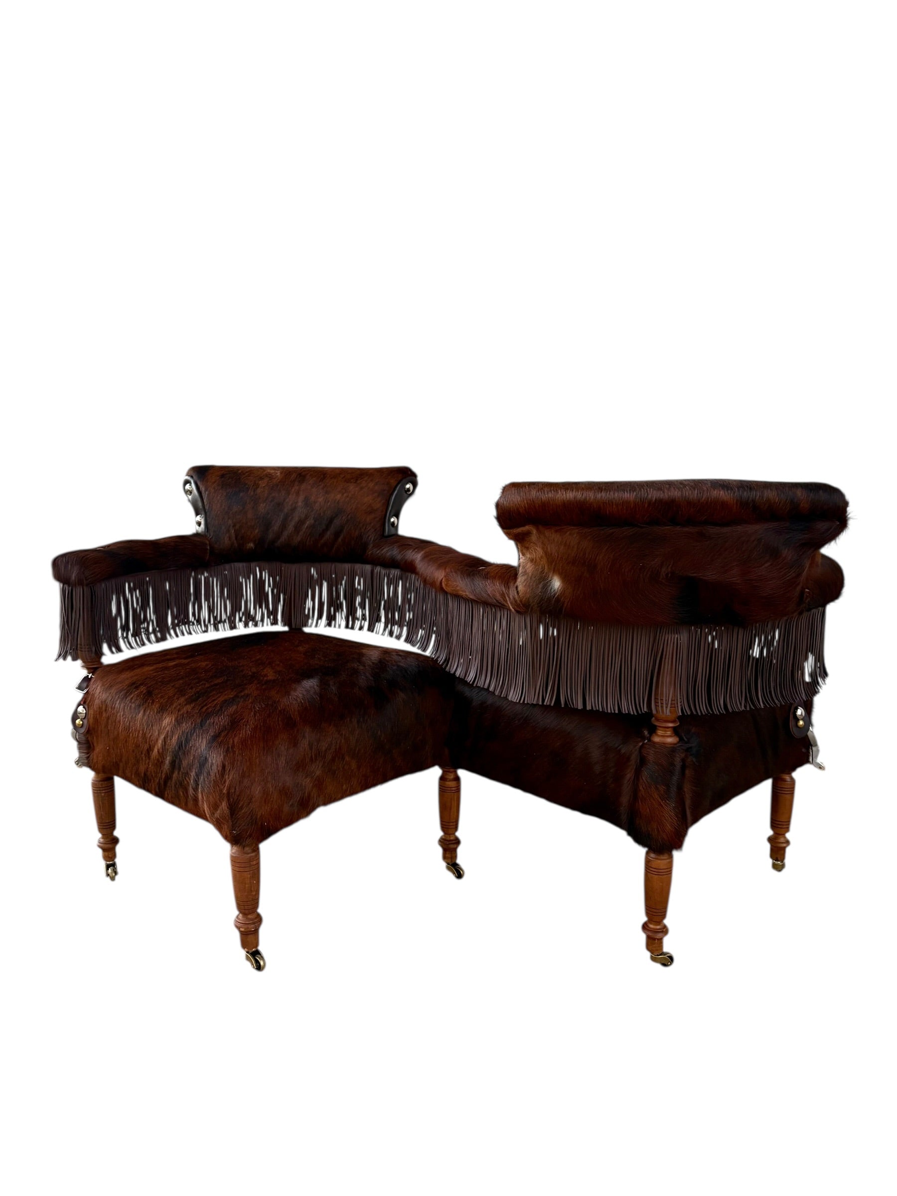 Vintage Western Reupholstered Cowhide Fringe Settee