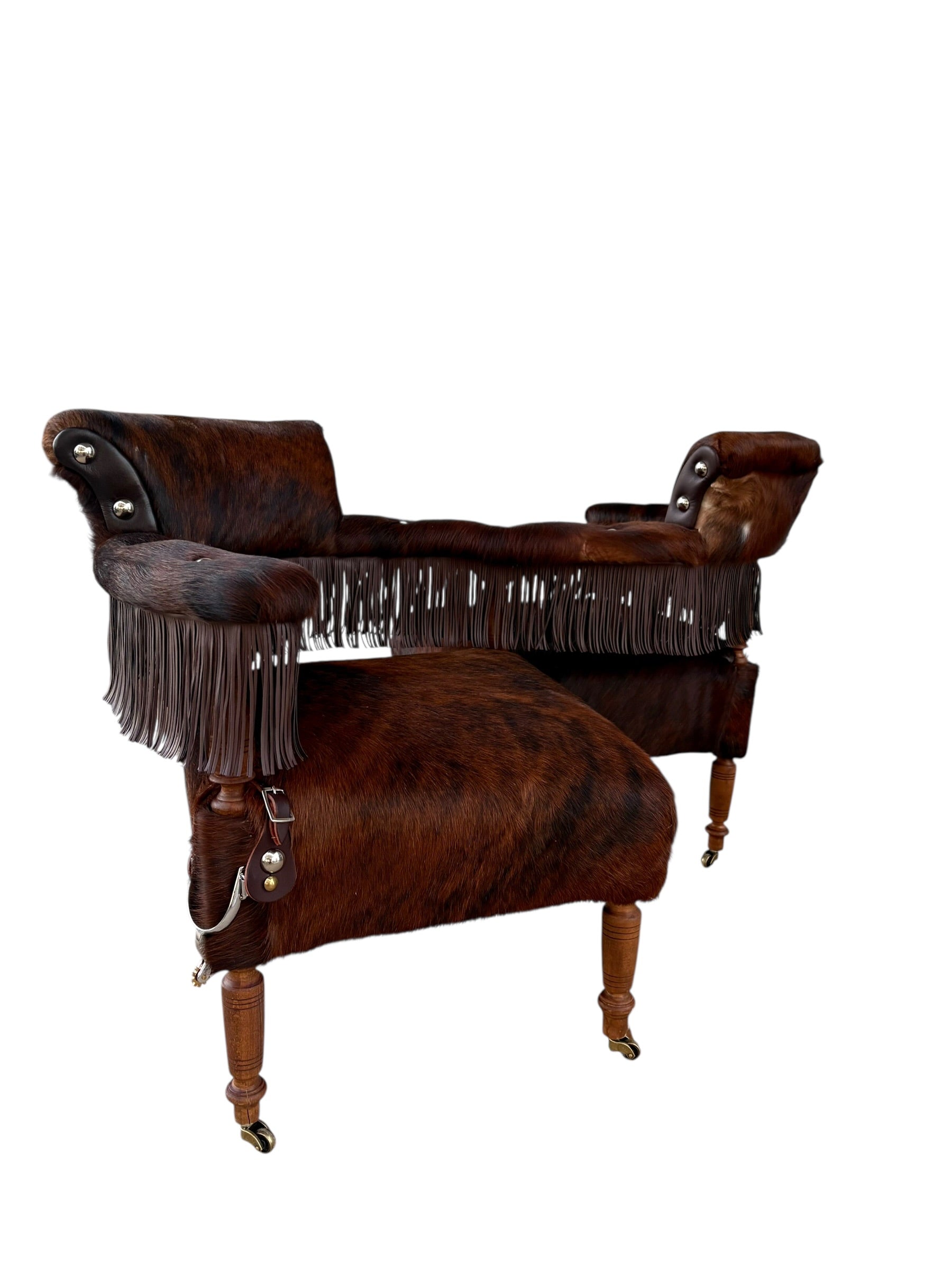 Vintage Western Reupholstered Cowhide Fringe Settee