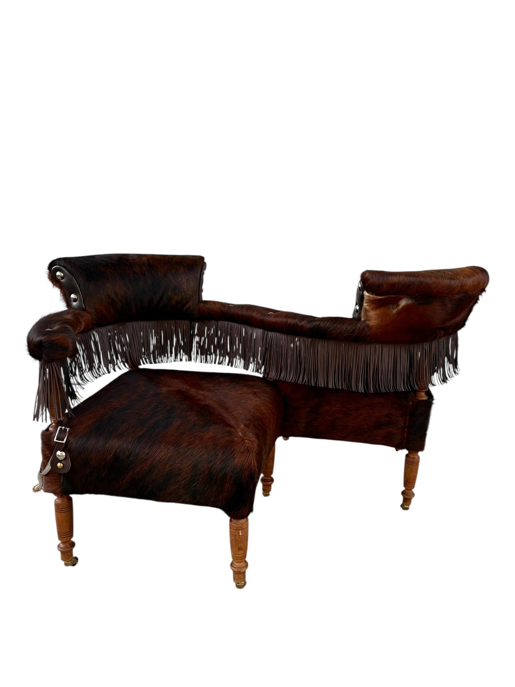 Vintage Western Reupholstered Cowhide Fringe Settee