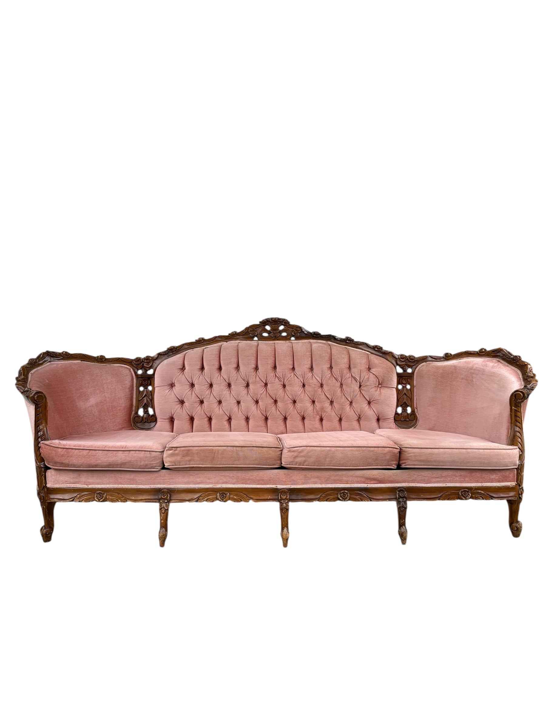 Vintage Victorian Tufted Carved Pink Sofa and Chair Set