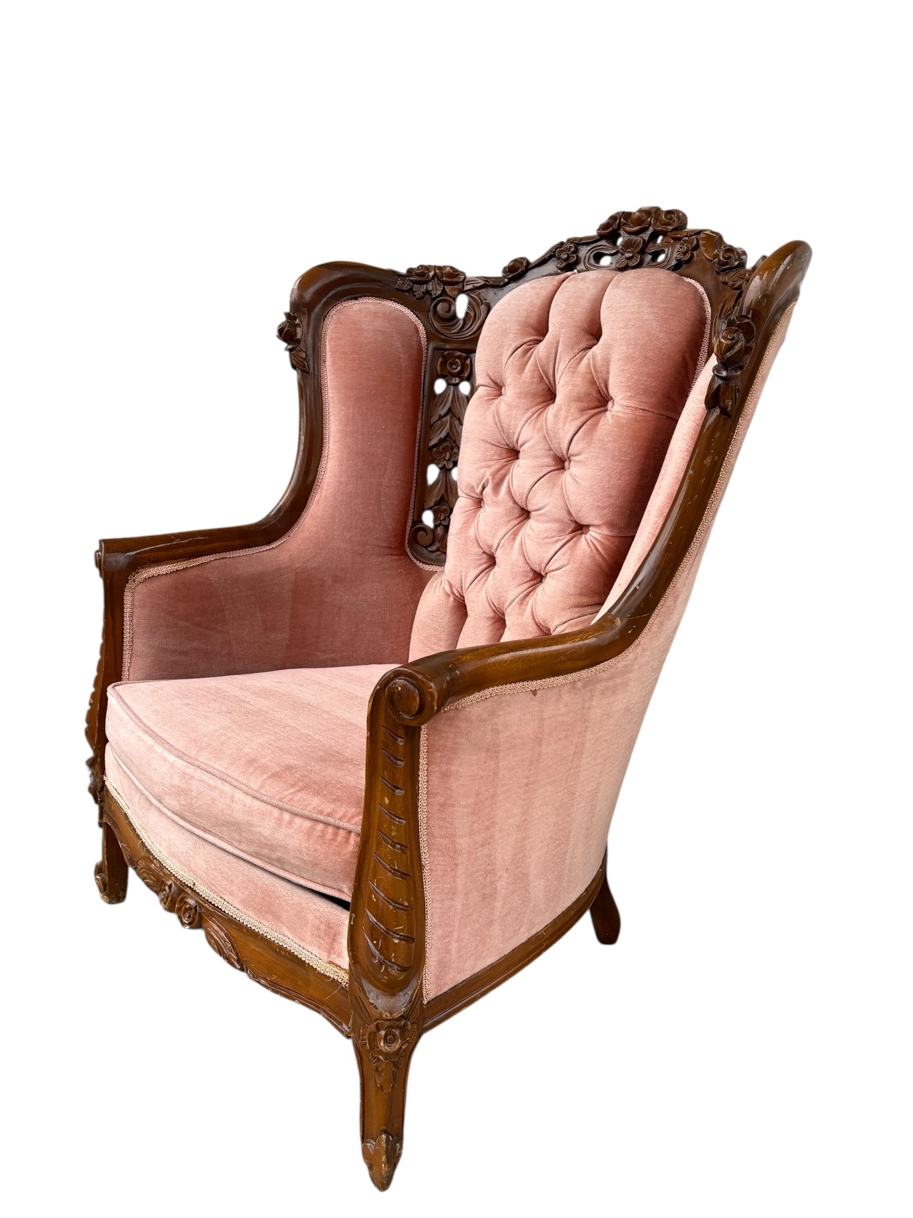 Vintage Victorian Tufted Carved Pink Sofa and Chair Set