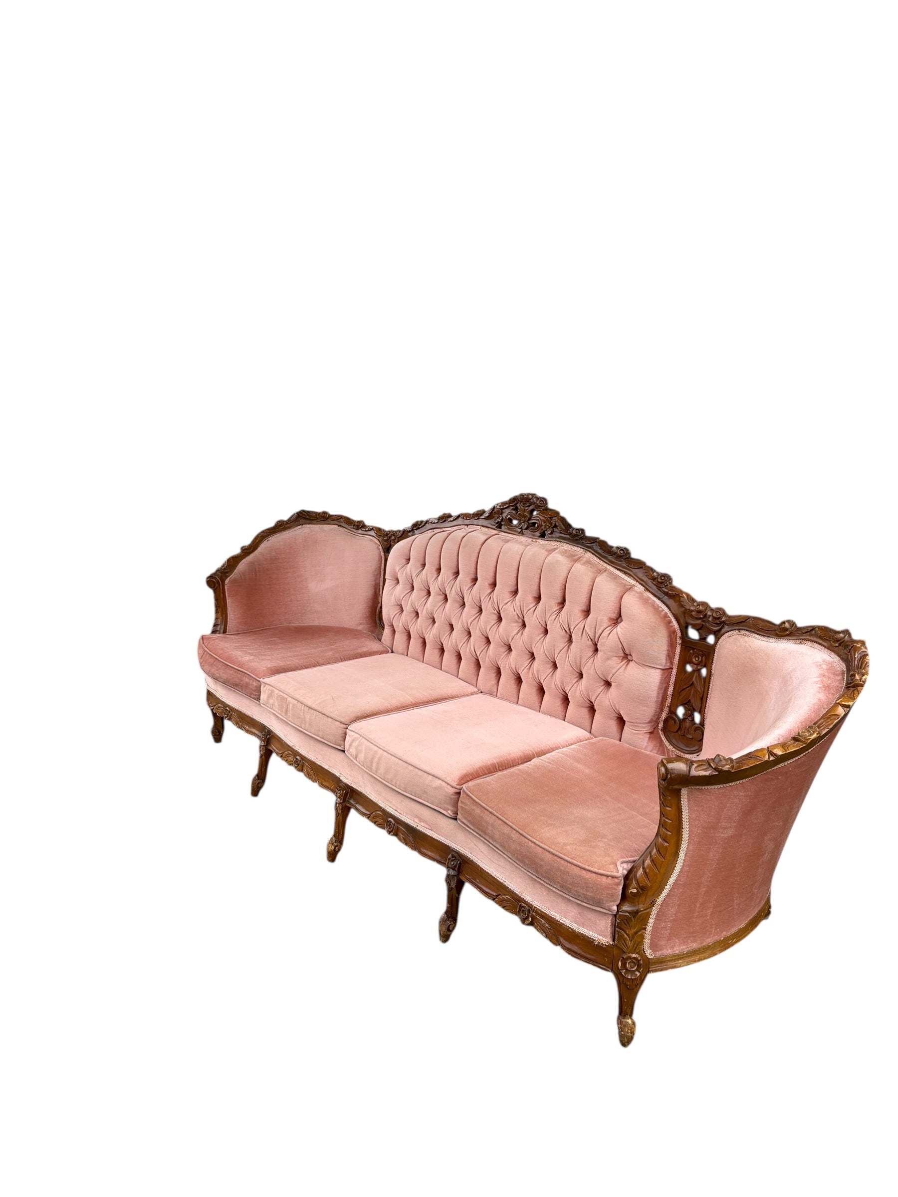Vintage Victorian Tufted Carved Pink Sofa and Chair Set