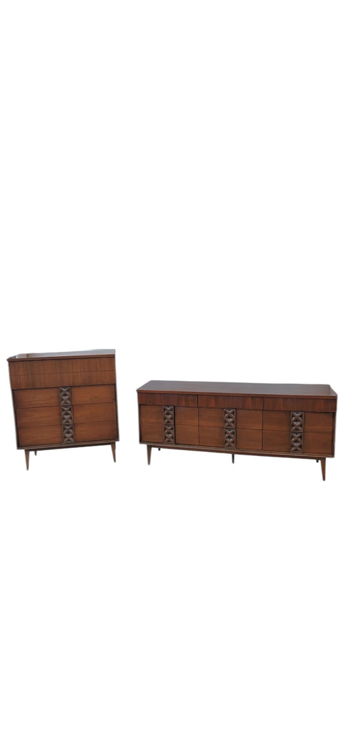 Vintage Bassett Walnut Dresser Set Mid Century Modern